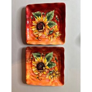 Maxcera Sunset Sunflower Hand Painted Square Salad Plates Set of 2 Orange Red